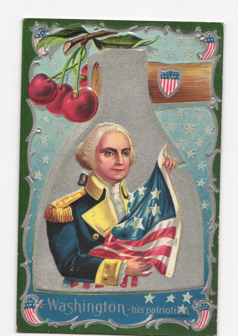 George Washington Holding American Flag with Cherries, 1908 Patriotic Illustrated Postcard.: Please review the photos carefully for additional condition details. Note that scans may appear slightly darker or lighter than the item's true appearance, and minor scanning artifacts may be visible.