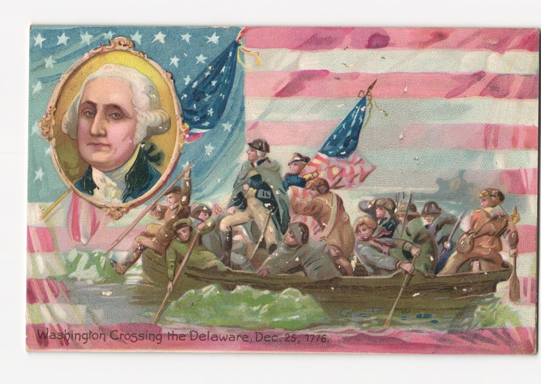 George Washington portrait and Delaware Crossing historical art postcard, Dec. 25, 1776. (1 of 2)