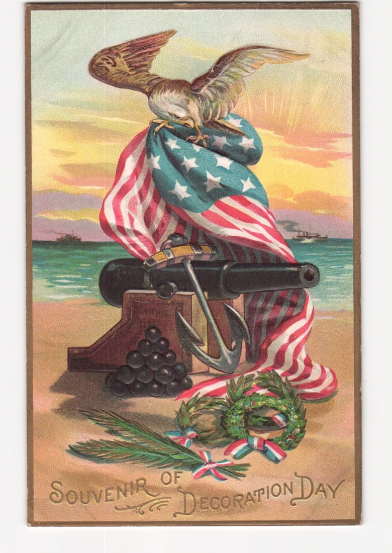 Chromolithograph Patriotic Decoration Day postcard with Eagle, Flag, Cannon, Beach scene: Please review the photos carefully for additional condition details. Note that scans may appear slightly darker or lighter than the item's true appearance, and minor scanning artifacts may be visible.