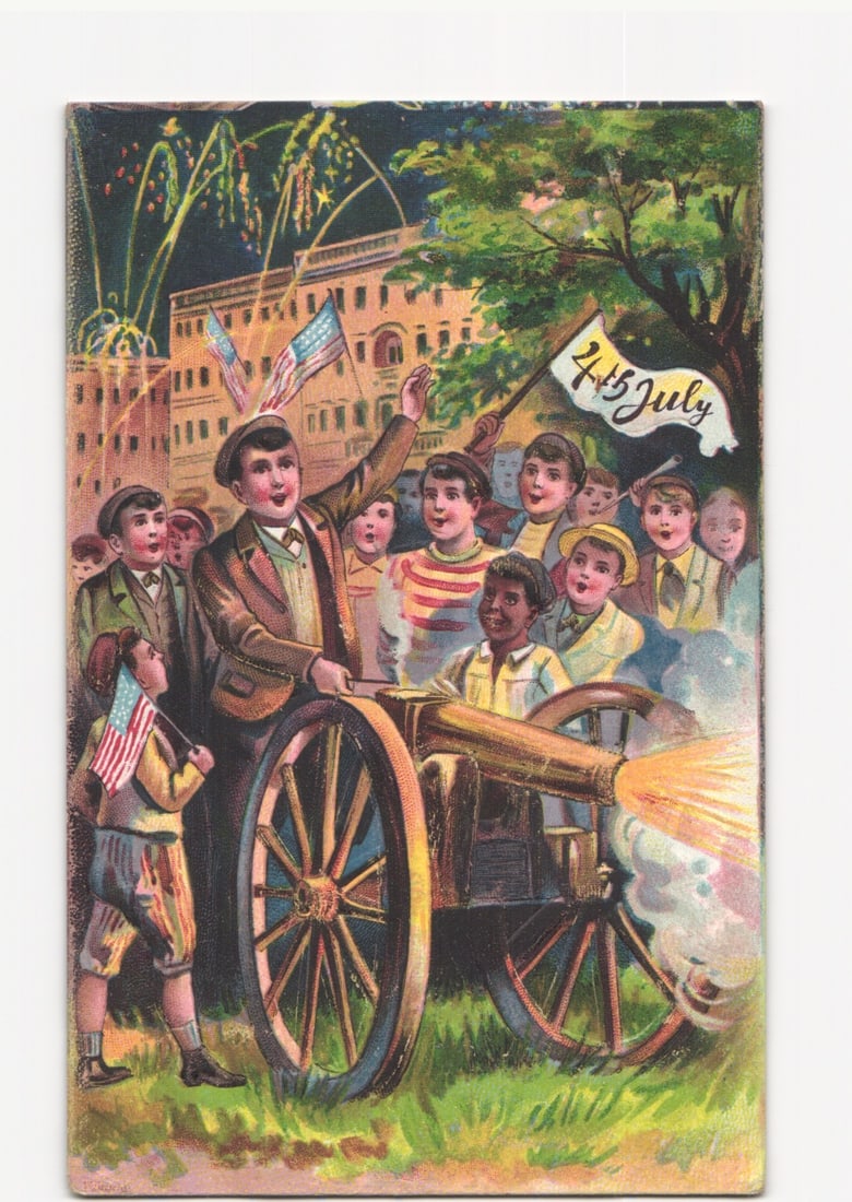Early 20th Century Chromolithograph Postcard of 4th of July Celebration with Boys, Cannon, Fireworks: Please review the photos carefully for additional condition details. Note that scans may appear slightly darker or lighter than the item's true appearance, and minor scanning artifacts may be visible.