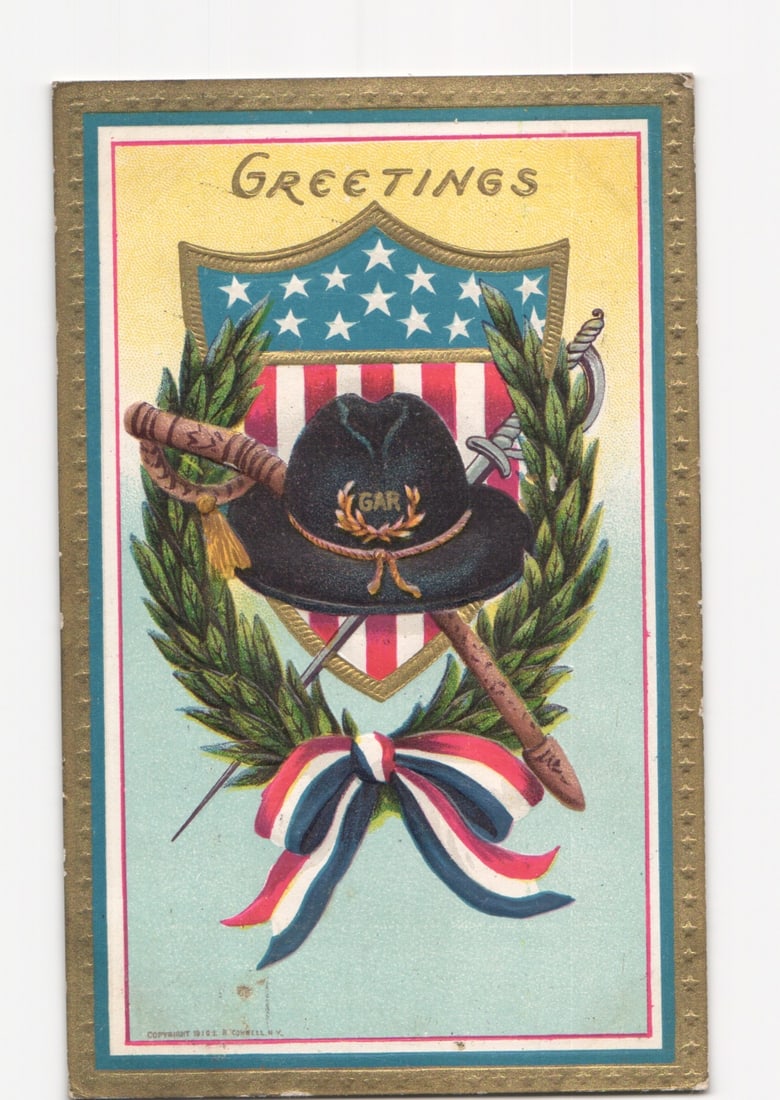 Grand Army of the Republic (GAR) Emblem Greetings postcard, featuring U.S. flag motif and kepi. (1 of 2)