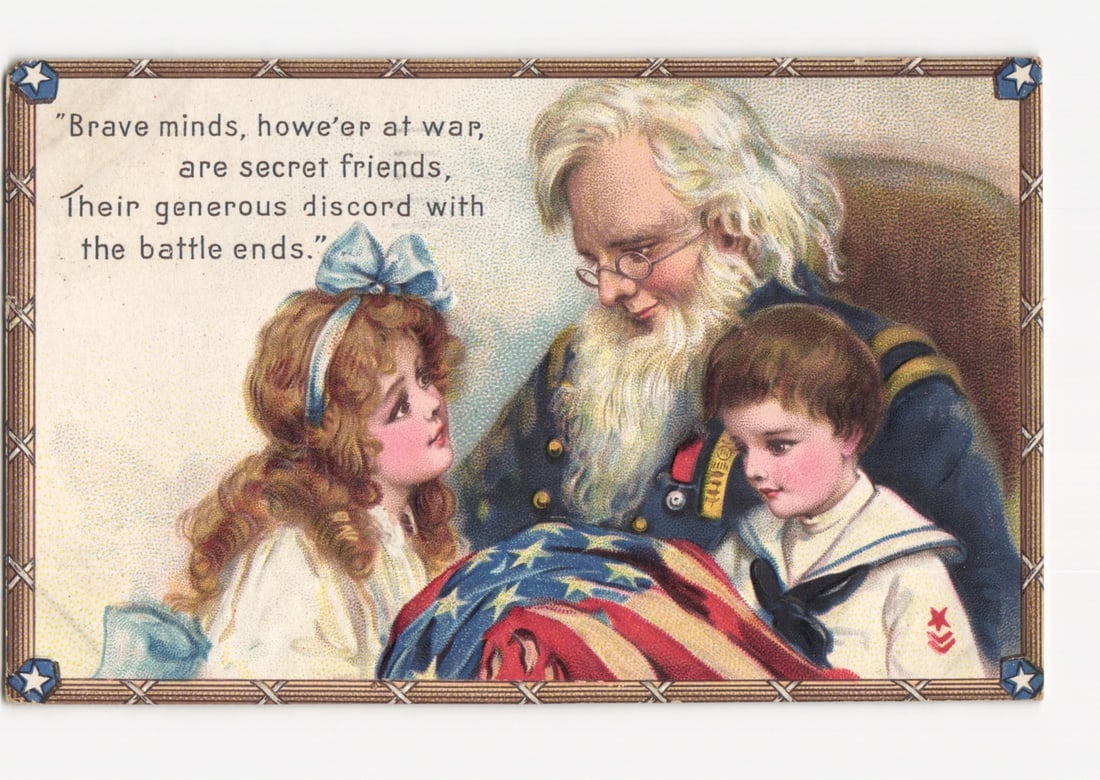 1915 Decoration Day postcard depicting an old soldier, a young girl, and a boy with an American: Please review the photos carefully for additional condition details. Note that scans may appear slightly darker or lighter than the item's true appearance, and minor scanning artifacts may be visible.