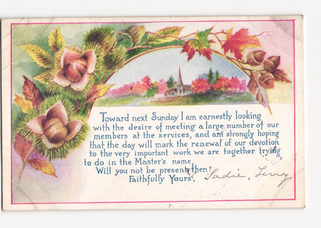 Goodenough Woglom 1912 Postcard Autumn Church Chestnuts Rally Day Orient NY: Please review the photos carefully for additional condition details. Note that scans may appear slightly darker or lighter than the item's true appearance, and minor scanning artifacts may be visible.