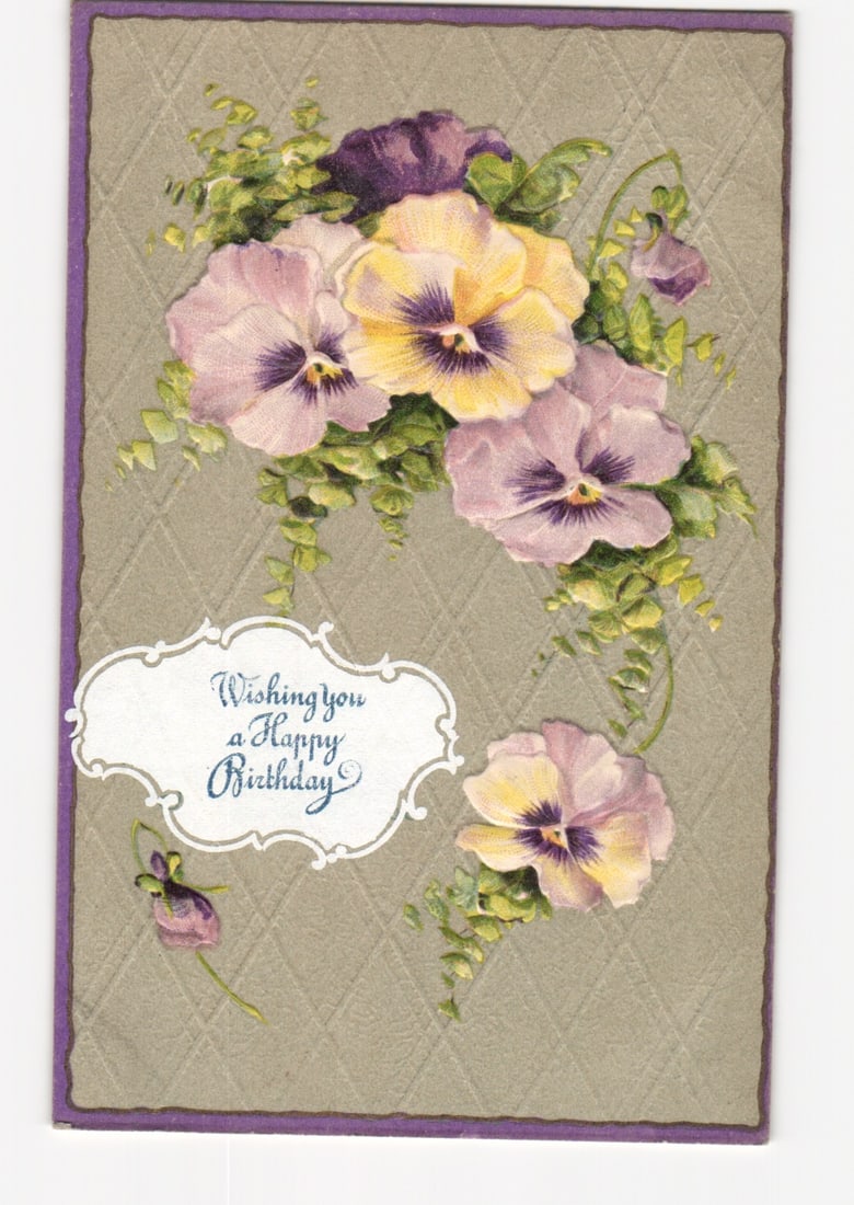 Elegant Pansies Floral Birthday Greeting Chromolithograph Postcard, Early 20th Century, 1908: Please review the photos carefully for additional condition details. Note that scans may appear slightly darker or lighter than the item's true appearance, and minor scanning artifacts may be visible.