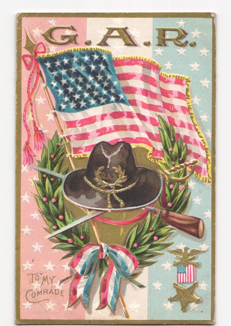 G.A.R. American Flag and Military Emblem Chromolithograph Postcard, Poughkeepsie NY May 28, 1908: Please review the photos carefully for additional condition details. Note that scans may appear slightly darker or lighter than the item's true appearance, and minor scanning artifacts may be visible.