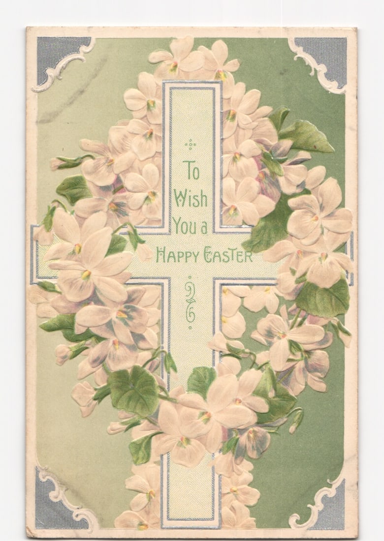 Embossed Easter postcard with a cross of white flowers and "Happy Easter" message, early 20th (1 of 2)