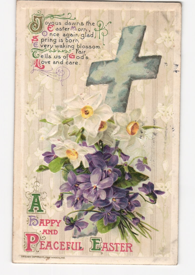 Easter Morn Religious Cross and Spring Flowers Postcard, Poughkeepsie, New York, 1911 (1 of 2)