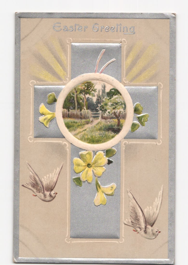 Chromolithograph Easter Greeting Postcard with Embossed Cross, Doves, and Landscape Vignette, 1911 (1 of 2)