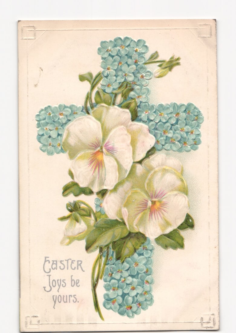 Early 20th Century Chromolithograph Easter Postcard, Floral Cross with Pansies, Speonk NY 1910: Please review the photos carefully for additional condition details. Note that scans may appear slightly darker or lighter than the item's true appearance, and minor scanning artifacts may be visible.