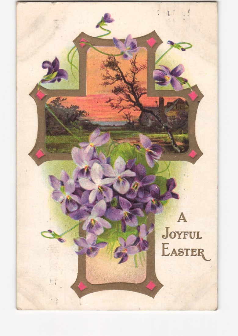 Easter postcard with violet-adorned cross, sunset landscape, postmarked Poughkeepsie, New York,: Please review the photos carefully for additional condition details. Note that scans may appear slightly darker or lighter than the item's true appearance, and minor scanning artifacts may be visible.