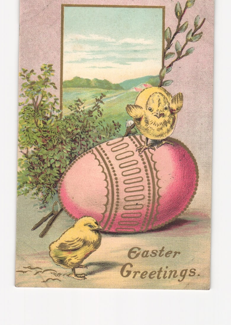 Early 20th Century Easter Greeting postcard depicting Chicks and Decorated Egg, Pastoral Scene (1 of 2)