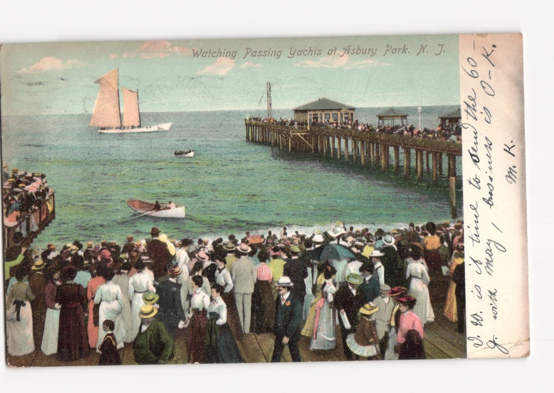 Watching Passing Yachts at Asbury Park, New Jersey, circa 1908 vintage postcard (1 of 2)