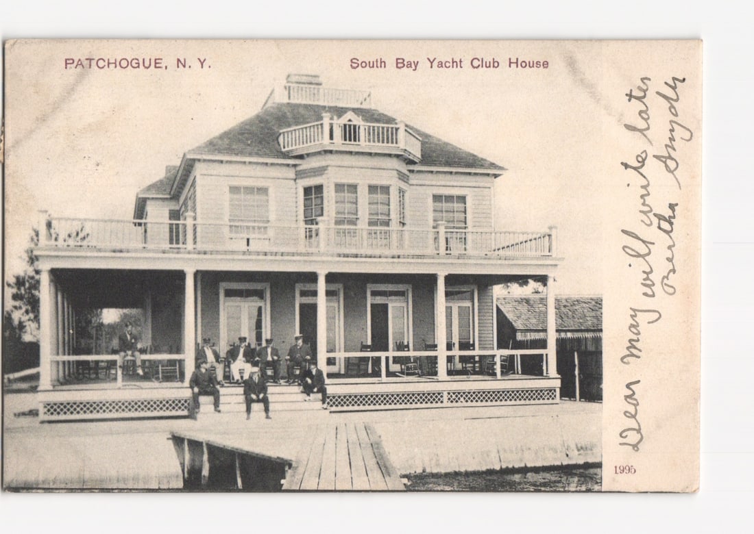 Early 20th Century Postcard of South Bay Yacht Club House in Patchogue, New York: Please review the photos carefully for additional condition details. Note that scans may appear slightly darker or lighter than the item's true appearance, and minor scanning artifacts may be visible.