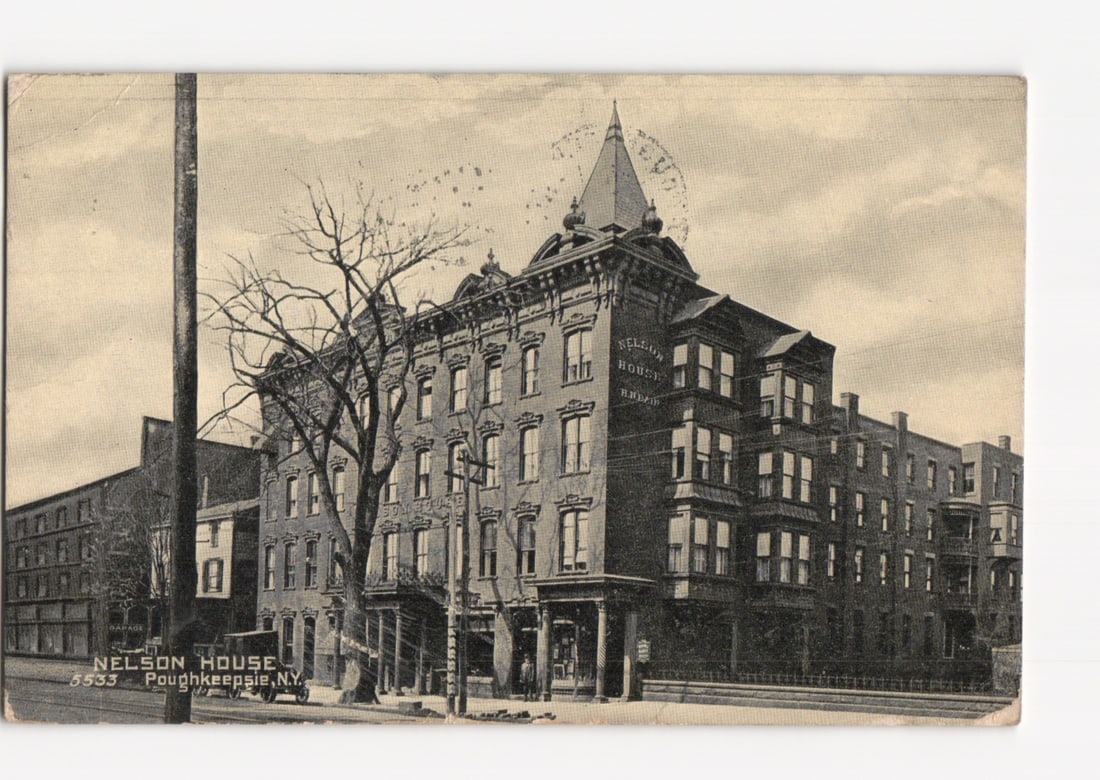 Historic Nelson House Hotel and Street Scene, Poughkeepsie, NY, 1910s Photographic Postcard: Please review the photos carefully for additional condition details. Note that scans may appear slightly darker or lighter than the item's true appearance, and minor scanning artifacts may be visible.