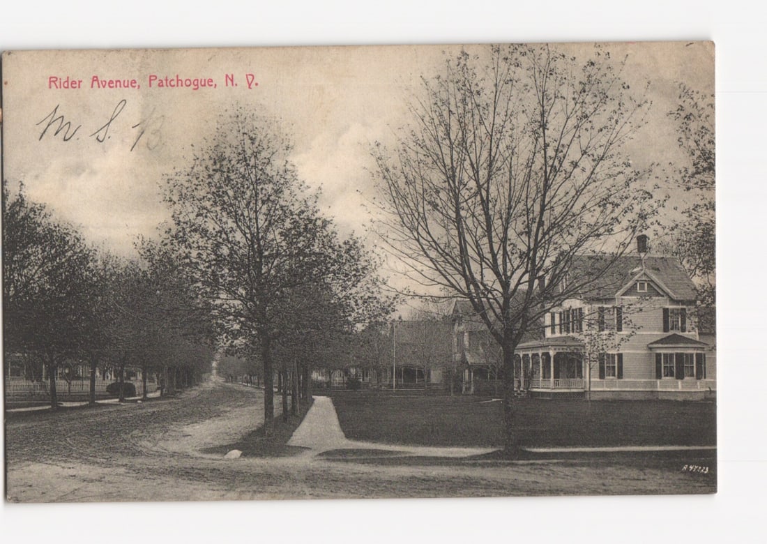 Rider Avenue, Patchogue, New York residential street scene with large house, circa 1913 postcard. (1 of 2)