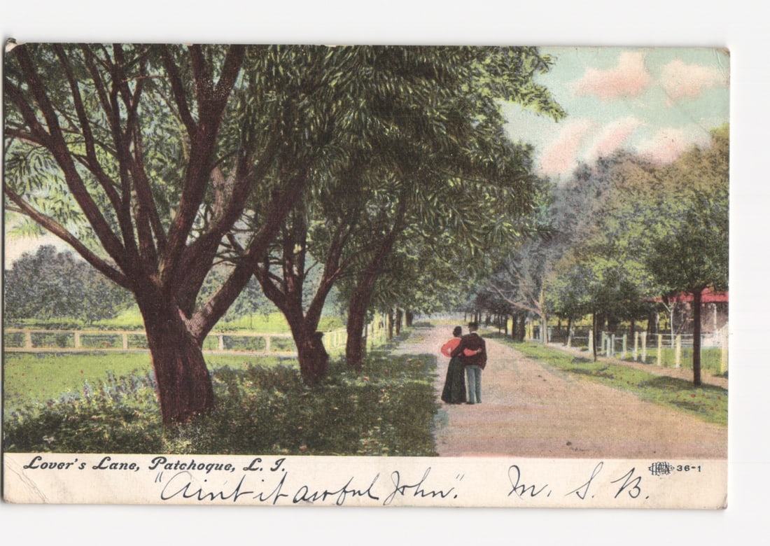 Early 20th Century Colorized Postcard: A Couple on Patchogue, Long Island's Tree-Lined Lover's Lane, (1 of 2)