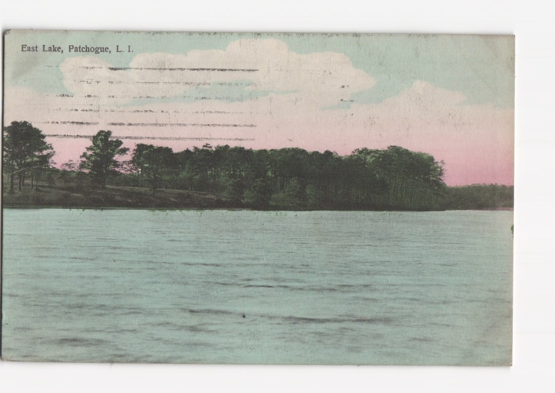 East Lake, Patchogue, L.I. (Long Island) Landscape Postcard with Wooded Shoreline, 1910.: Please review the photos carefully for additional condition details. Note that scans may appear slightly darker or lighter than the item's true appearance, and minor scanning artifacts may be visible.