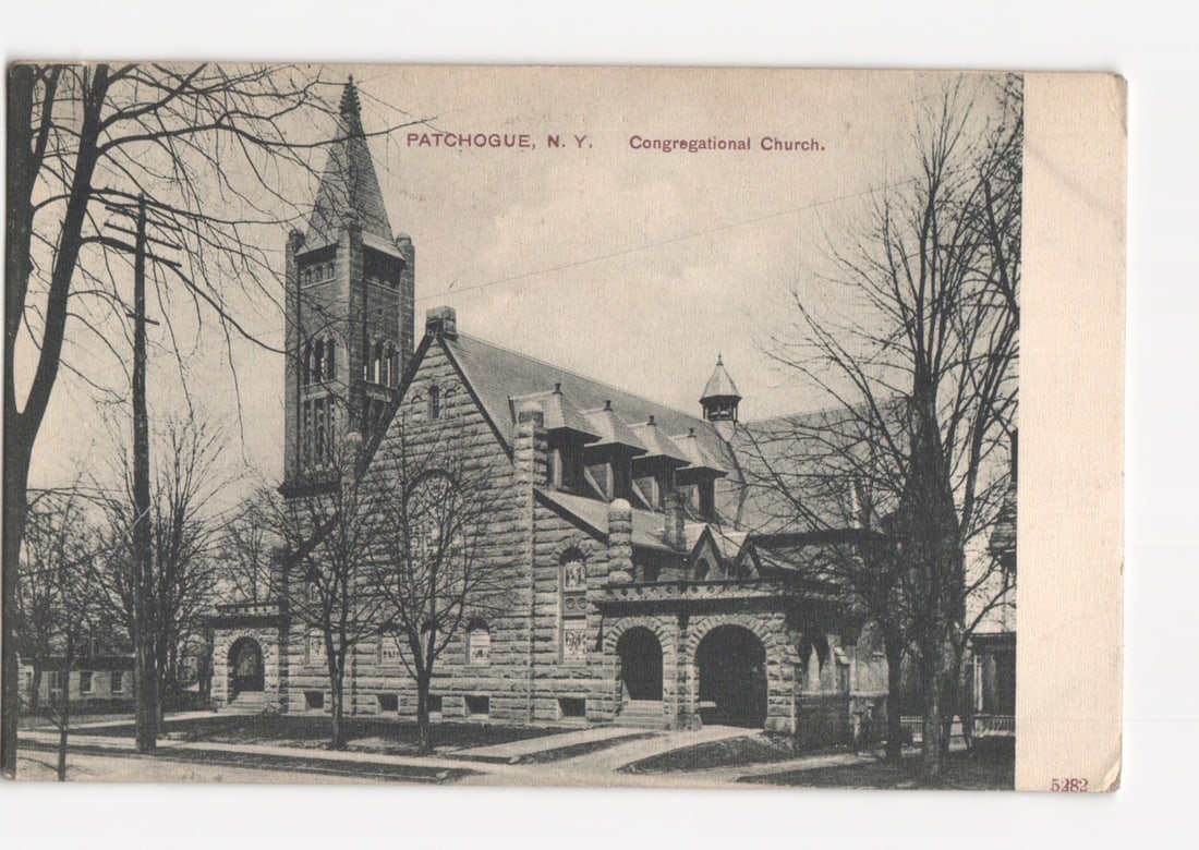 Photographic postcard of the Congregational Church in Patchogue, New York, circa 1908.: Please review the photos carefully for additional condition details. Note that scans may appear slightly darker or lighter than the item's true appearance, and minor scanning artifacts may be visible.