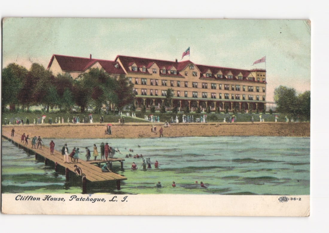 Scenic Chromolithograph postcard of Cliffton House Hotel, Patchogue, Long Island, circa 1908 (1 of 2)