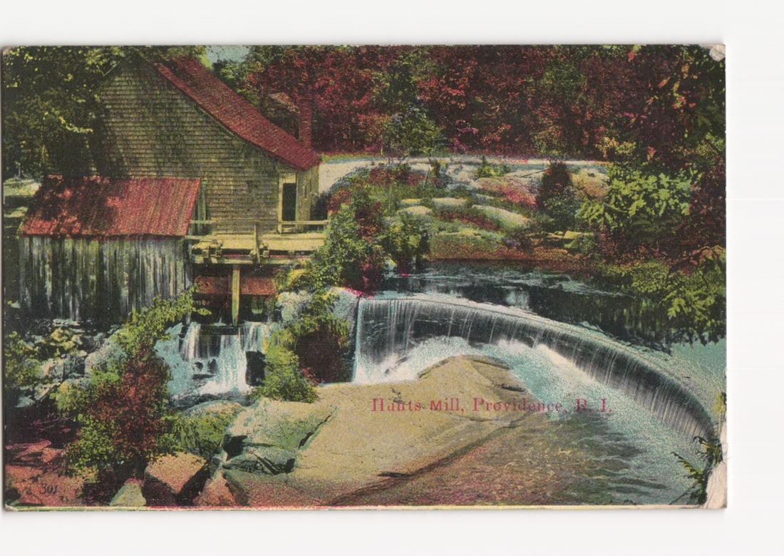 Hunts Mill, Providence, R.I., with waterfall and rustic building, circa 1913 postcard. (1 of 2)