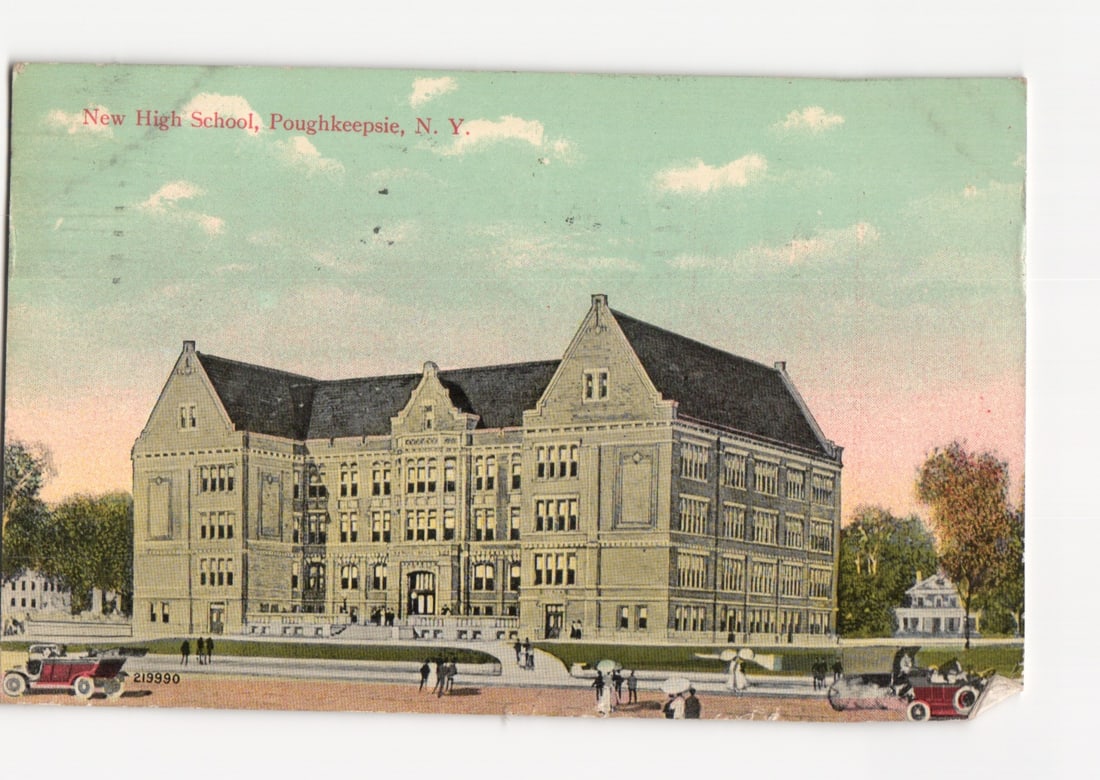 New High School, Poughkeepsie, New York, with early automobiles, circa 1915, color postcard (1 of 2)