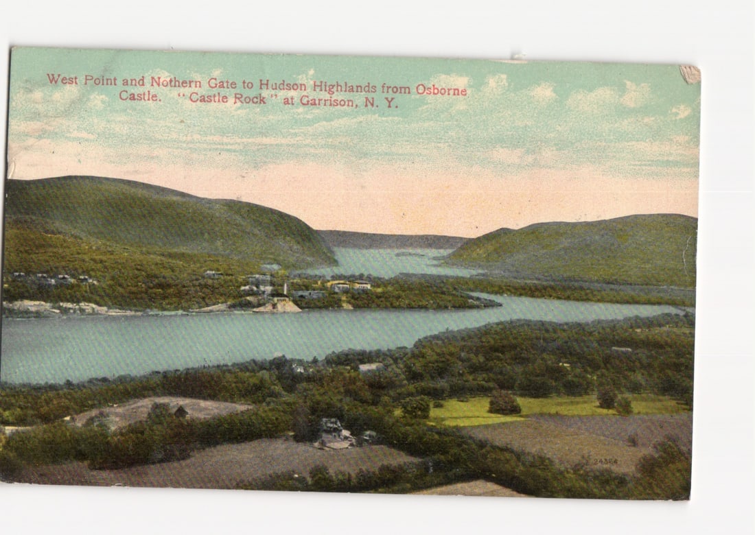 Scenic postcard of West Point and Hudson Highlands from Osborne Castle, Garrison, N.Y., 1912.: Please review the photos carefully for additional condition details. Note that scans may appear slightly darker or lighter than the item's true appearance, and minor scanning artifacts may be visible.