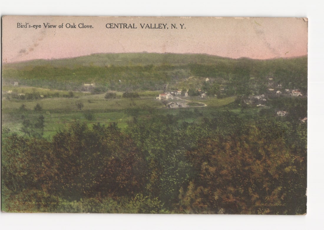 Historic Bird's-eye View of Oak Clove, Central Valley, N. Y. postcard, postmarked 1913.: Please review the photos carefully for additional condition details. Note that scans may appear slightly darker or lighter than the item's true appearance, and minor scanning artifacts may be visible.