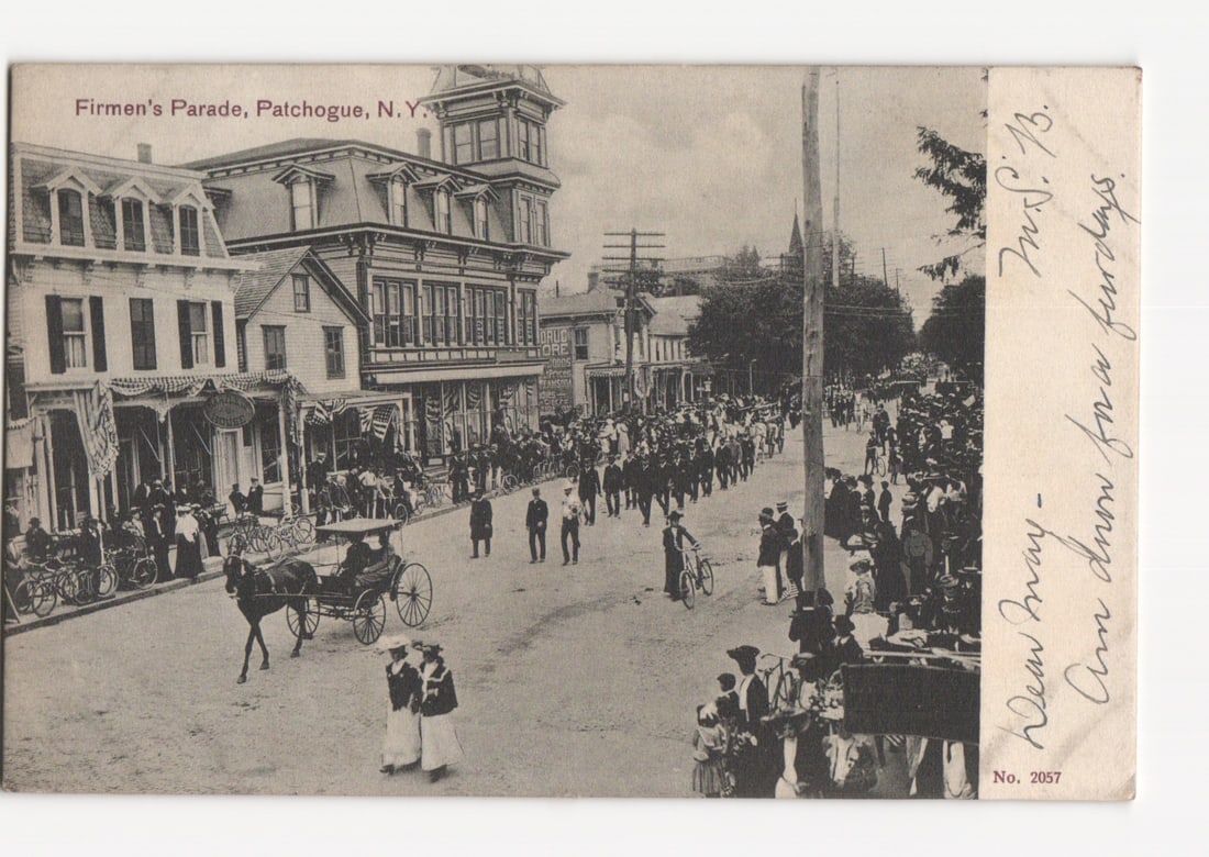 Firmen's Parade, Patchogue, N. Y., 1908 street scene, vintage American postcard. (1 of 2)