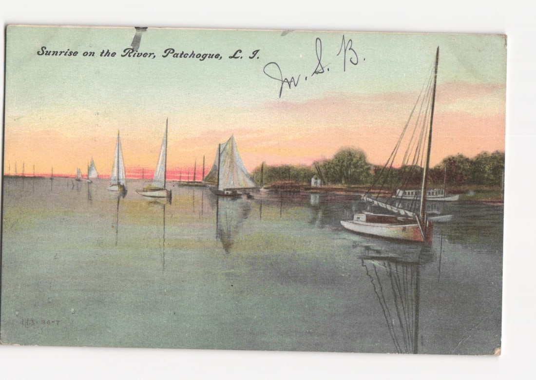 Sunrise on the River, Patchogue, L.I., with Sailboats, Chromolithograph Postcard, 1908: Please review the photos carefully for additional condition details. Note that scans may appear slightly darker or lighter than the item's true appearance, and minor scanning artifacts may be visible.