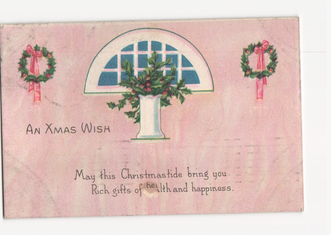 Early 20th Century Lithograph Postcard Depicting a Festive Christmas Window with Holly: Please review the photos carefully for additional condition details. Note that scans may appear slightly darker or lighter than the item's true appearance, and minor scanning artifacts may be visible.