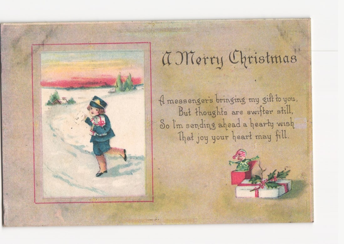 Chromolithograph Christmas postcard showing a boy delivering a gift in snow, Poughkeepsie, N.Y.,: Please review the photos carefully for additional condition details. Note that scans may appear slightly darker or lighter than the item's true appearance, and minor scanning artifacts may be visible.