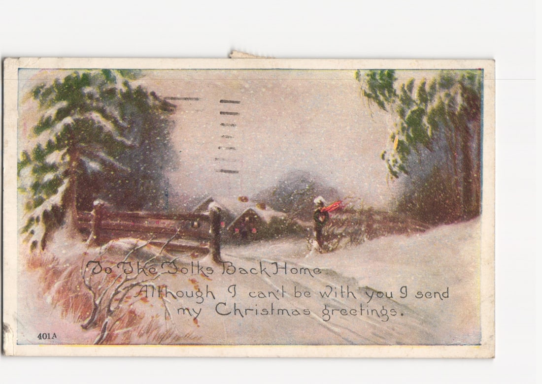 Festive Winter Scene Postcard: Color Lithograph of Snowy Path, Figures, and Christmas Greeting: Please review the photos carefully for additional condition details. Note that scans may appear slightly darker or lighter than the item's true appearance, and minor scanning artifacts may be visible.