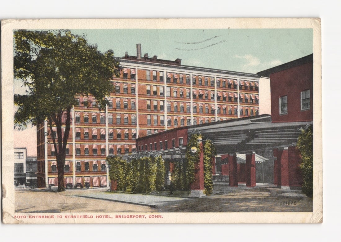 Historic postcard showing the Auto Entrance to the Stratfield Hotel in Bridgeport, Connecticut. (1 of 2)