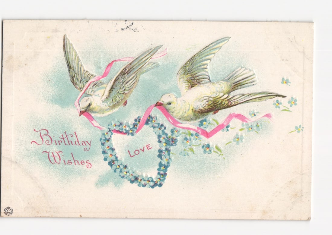 Vintage Birthday Wishes postcard, two doves, floral heart, Greenport, NY postmark, April 28, 1921.: Please review the photos carefully for additional condition details. Note that scans may appear slightly darker or lighter than the item's true appearance, and minor scanning artifacts may be visible.