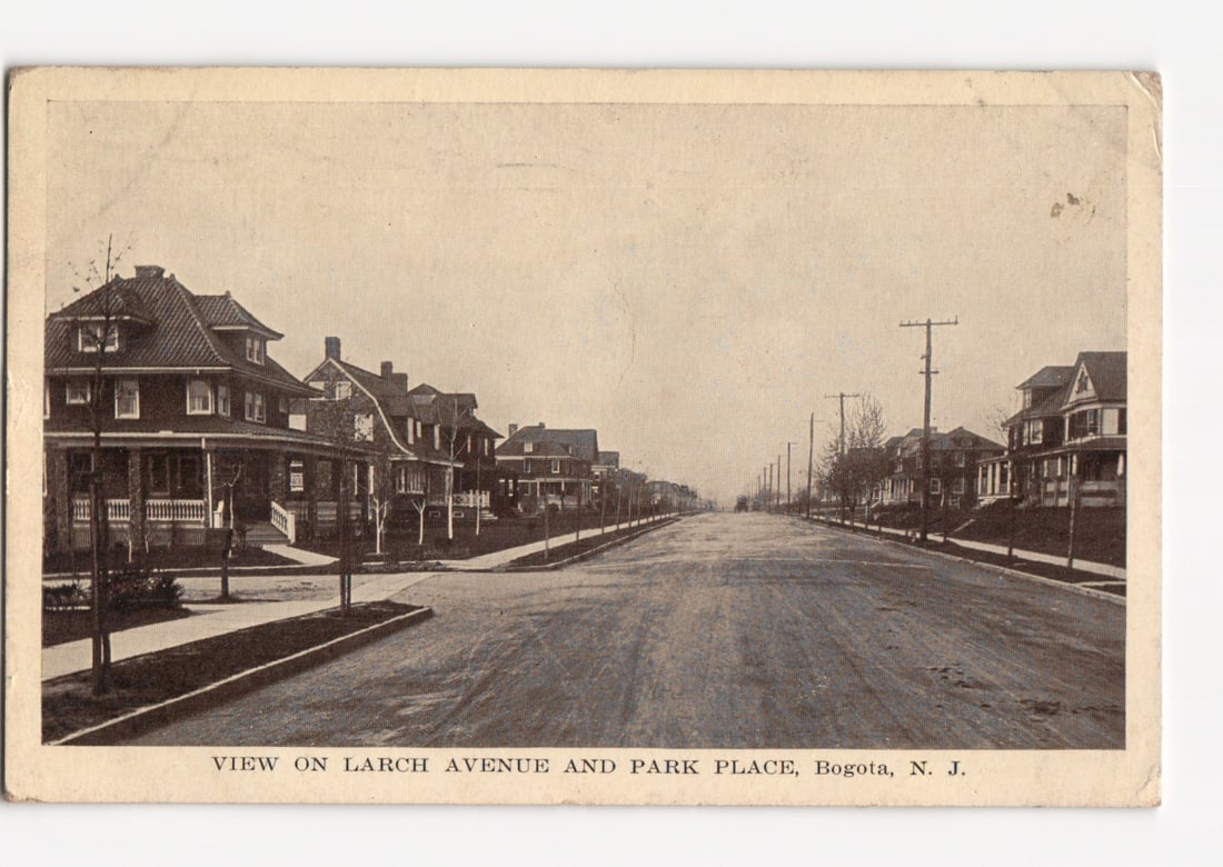 Residential street view postcard, Larch Avenue and Park Place, Bogota, New Jersey, circa 1920. (1 of 2)
