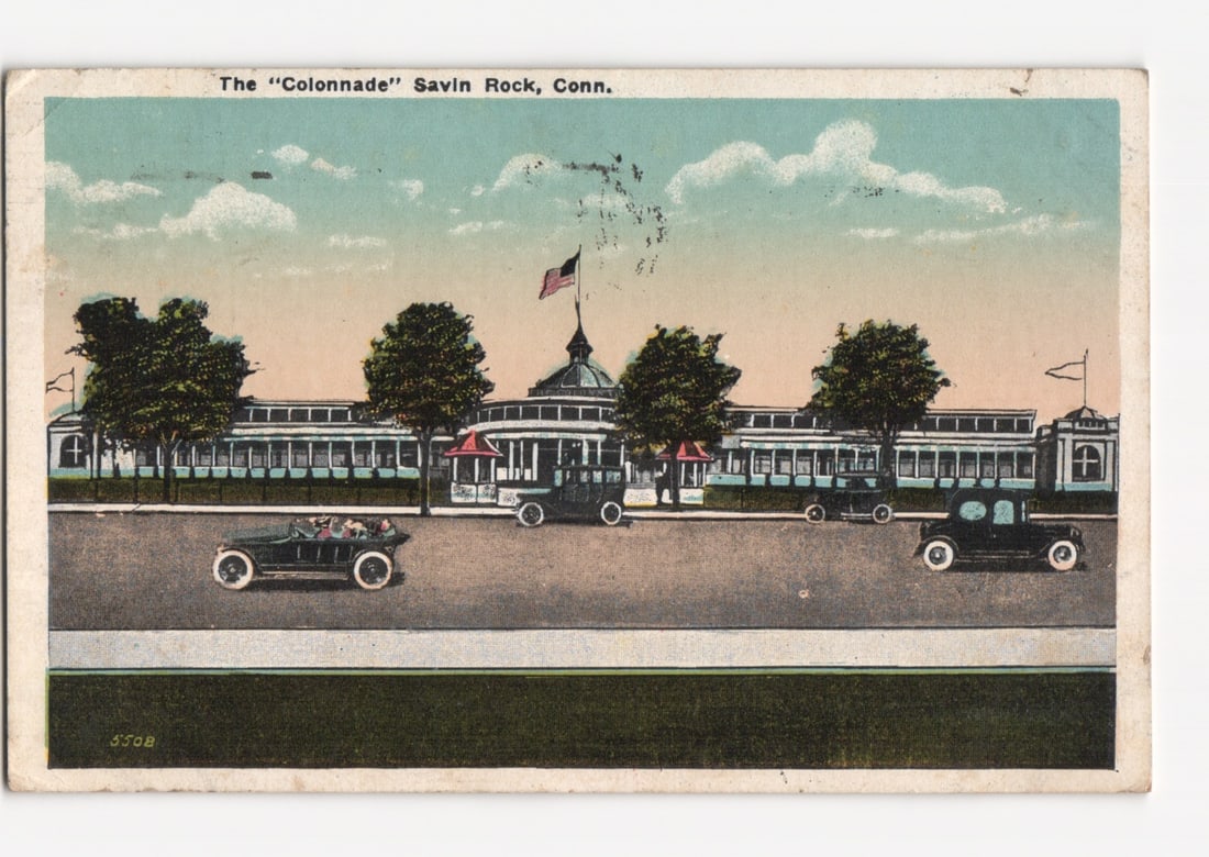 "The Colonnade" building at Savin Rock, Conn., featuring vintage automobiles, early 20th century: Please review the photos carefully for additional condition details. Note that scans may appear slightly darker or lighter than the item's true appearance, and minor scanning artifacts may be visible.