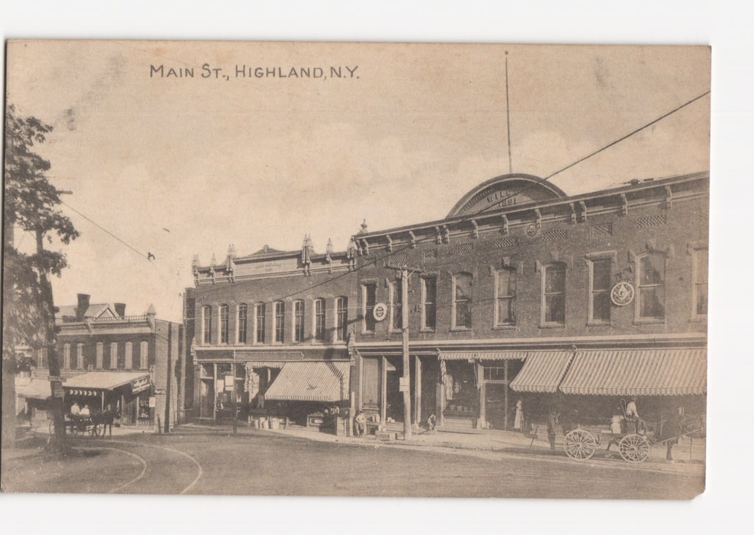 Main Street, Highland, N.Y. Early 20th Century Storefronts with Horse-Drawn Wagon postcard: Please review the photos carefully for additional condition details. Note that scans may appear slightly darker or lighter than the item's true appearance, and minor scanning artifacts may be visible.