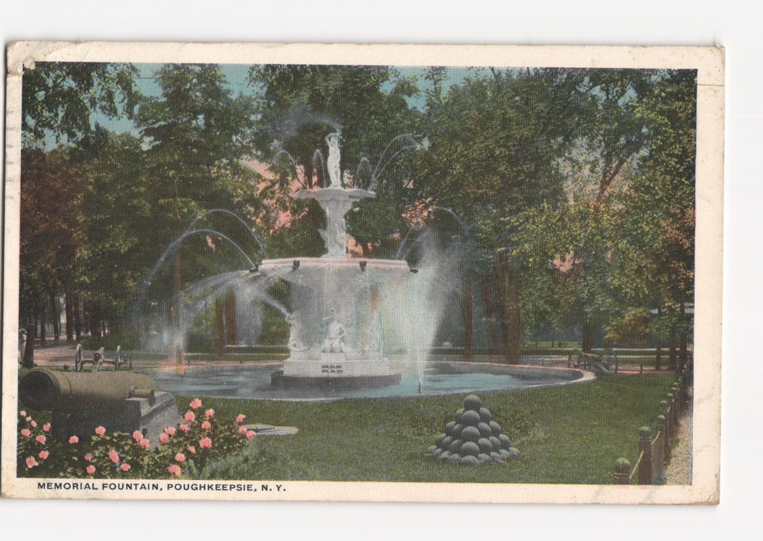 Memorial Fountain with Cannon, Poughkeepsie, N. Y. Chromolithograph Postcard, 1910s Era.: Please review the photos carefully for additional condition details. Note that scans may appear slightly darker or lighter than the item's true appearance, and minor scanning artifacts may be visible.