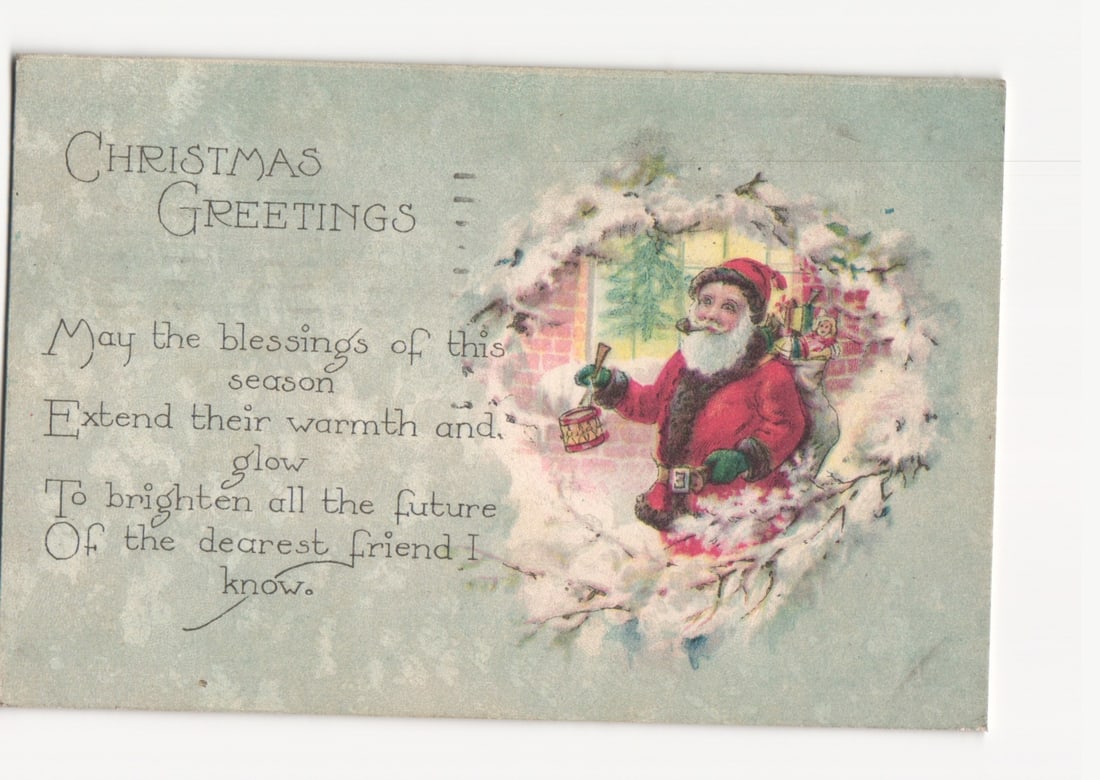 Santa Claus with Drum and Snow Wreath Christmas Greeting Postcard, Early 20th Century. (1 of 2)