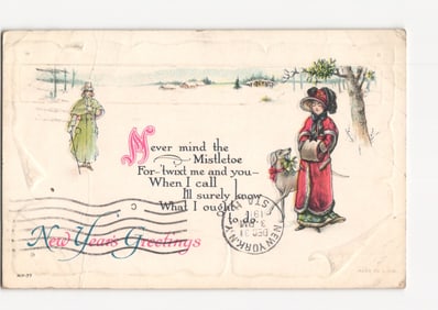 Holiday Greetings postcard with a woman, man, and dog in a snowy landscape, New York, 1911.