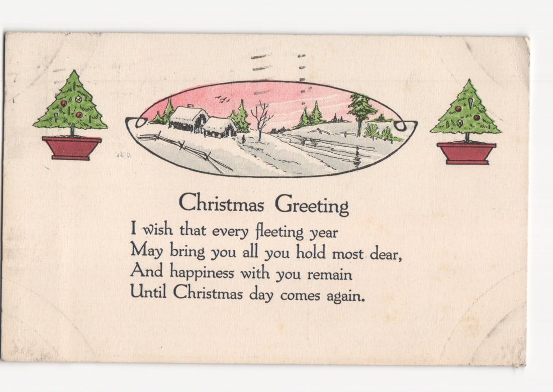Illustrated Christmas Greeting Postcard with Snowy Landscape and Potted Trees, New York: Please review the photos carefully for additional condition details. Note that scans may appear slightly darker or lighter than the item's true appearance, and minor scanning artifacts may be visible.