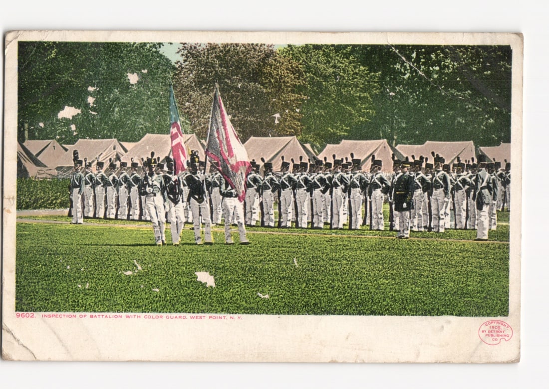 PHOSTINT postcard: Battalion inspection with color guard at West Point, New York, circa 1908.: Please review the photos carefully for additional condition details. Note that scans may appear slightly darker or lighter than the item's true appearance, and minor scanning artifacts may be visible.