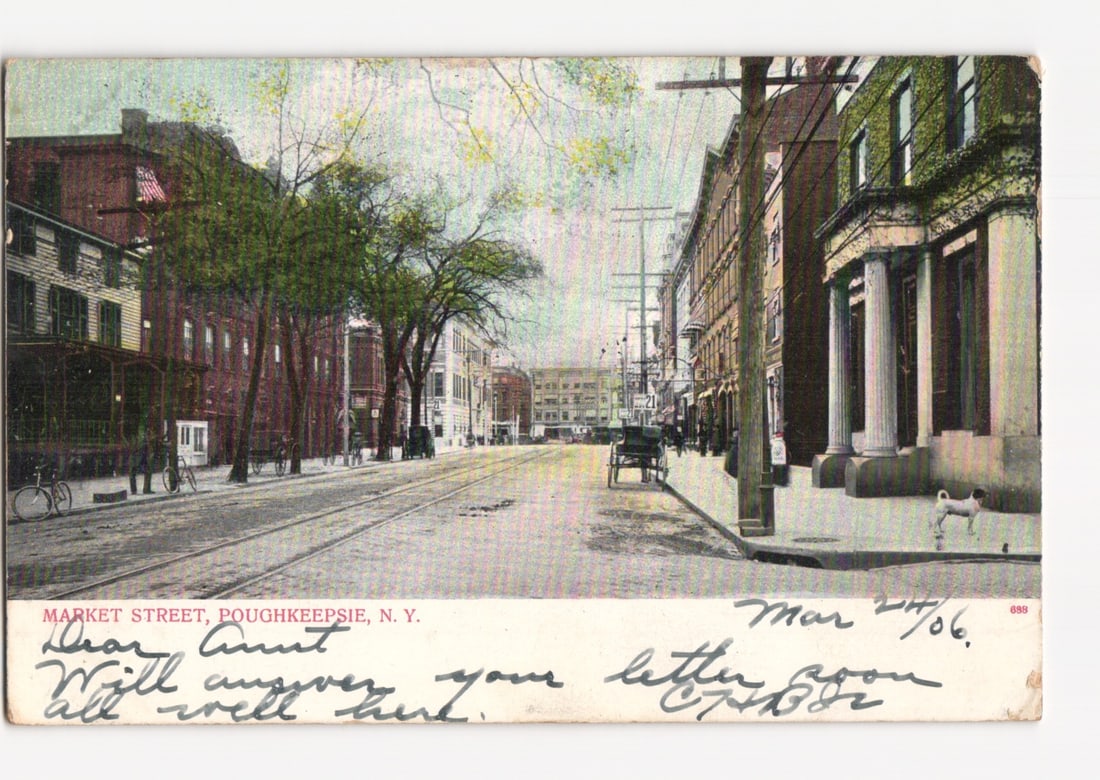 Busy Market Street, Poughkeepsie, N.Y., with Trolley Tracks, c. 1906 postcard (1 of 2)