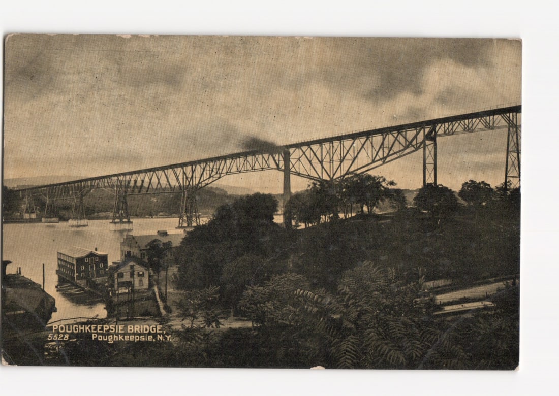 Panoramic Postcard of the Poughkeepsie Bridge, Poughkeepsie, New York, Early 20th Century: Please review the photos carefully for additional condition details. Note that scans may appear slightly darker or lighter than the item's true appearance, and minor scanning artifacts may be visible.