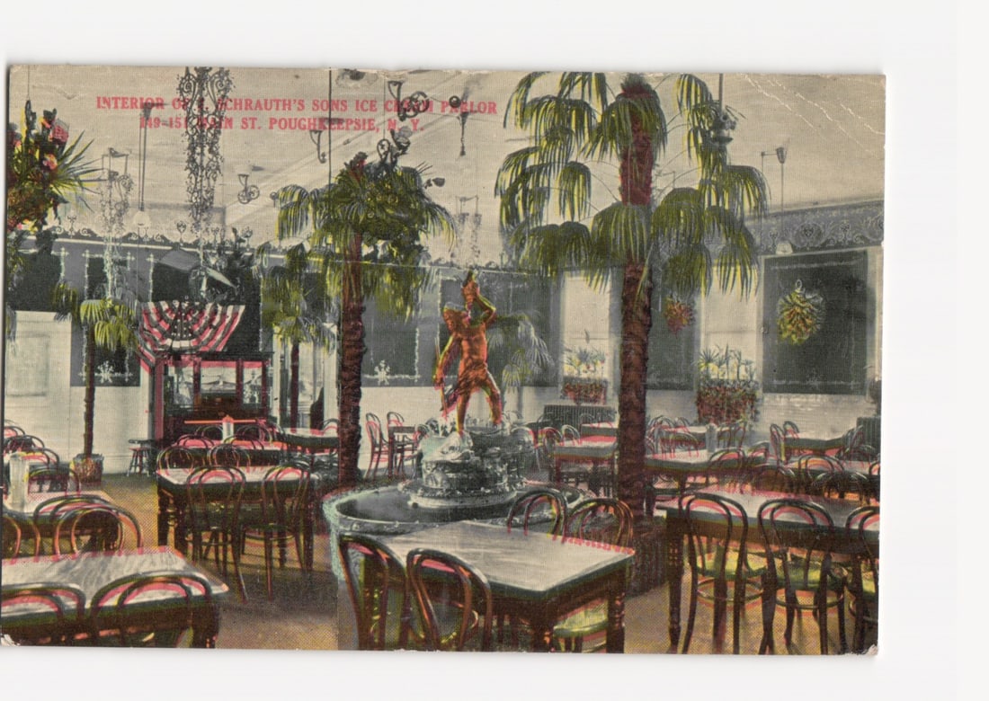 Interior View of Schrauth's Sons Ice Cream Parlor, Poughkeepsie, NY, Early 20th Century postcard: Please review the photos carefully for additional condition details. Note that scans may appear slightly darker or lighter than the item's true appearance, and minor scanning artifacts may be visible.
