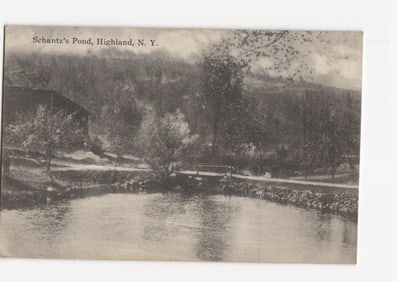 Early 20th-century landscape postcard featuring Schantz's Pond with a small bridge in Highland, New
