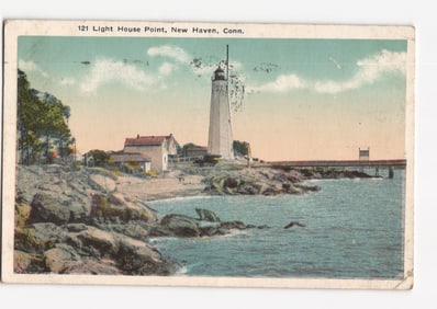 Historic Lighthouse Point, New Haven, Connecticut Scenic Coastal View postcard, Postmarked 1919