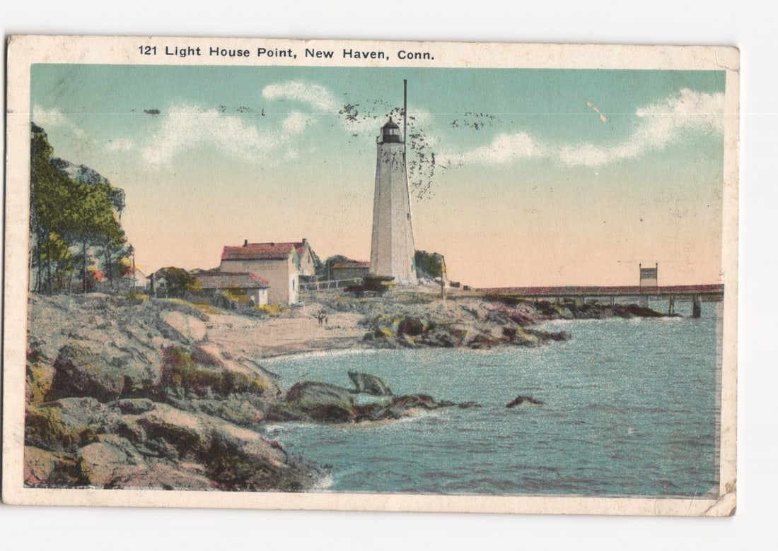 Historic Lighthouse Point, New Haven, Connecticut Scenic Coastal View postcard, Postmarked 1919 (1 of 2)