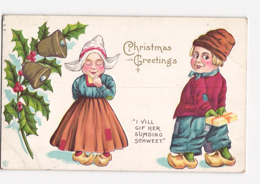 Christmas Greetings postcard featuring two children in traditional European attire, postmarked 1918: Please review the photos carefully for additional condition details. Note that scans may appear slightly darker or lighter than the item's true appearance, and minor scanning artifacts may be visible.