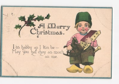 1918 Christmas postcard featuring a child with toys, holly, and holiday greeting.